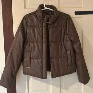 Brown Leather Puffer Jacket